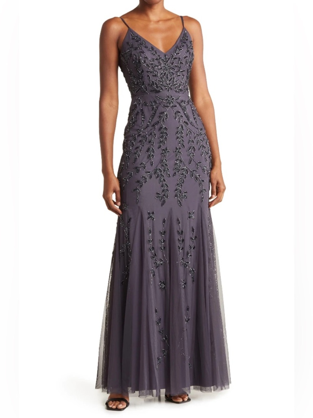 Beaded V-Neck Evening Gown - Plum